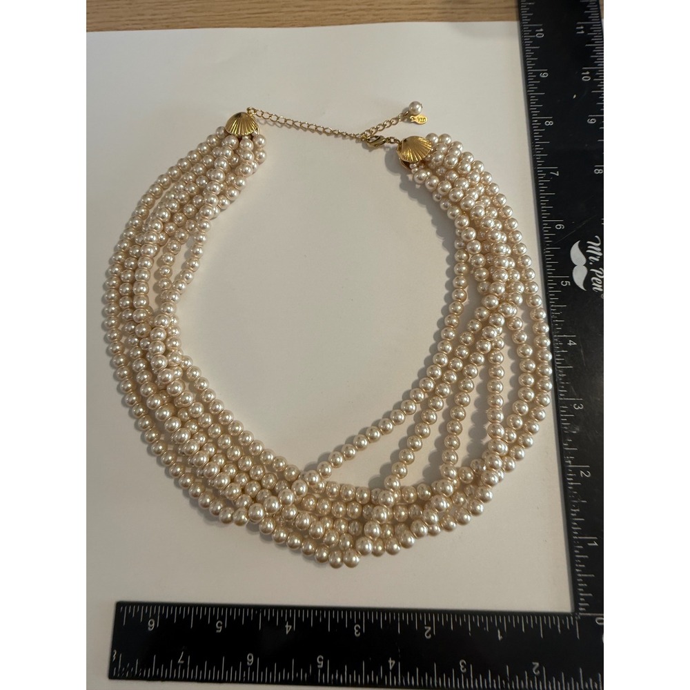 KJL Kenneth Jay Lane Faux Pearl Multi Strand Seashell Necklace Gold Tone Cream‎
